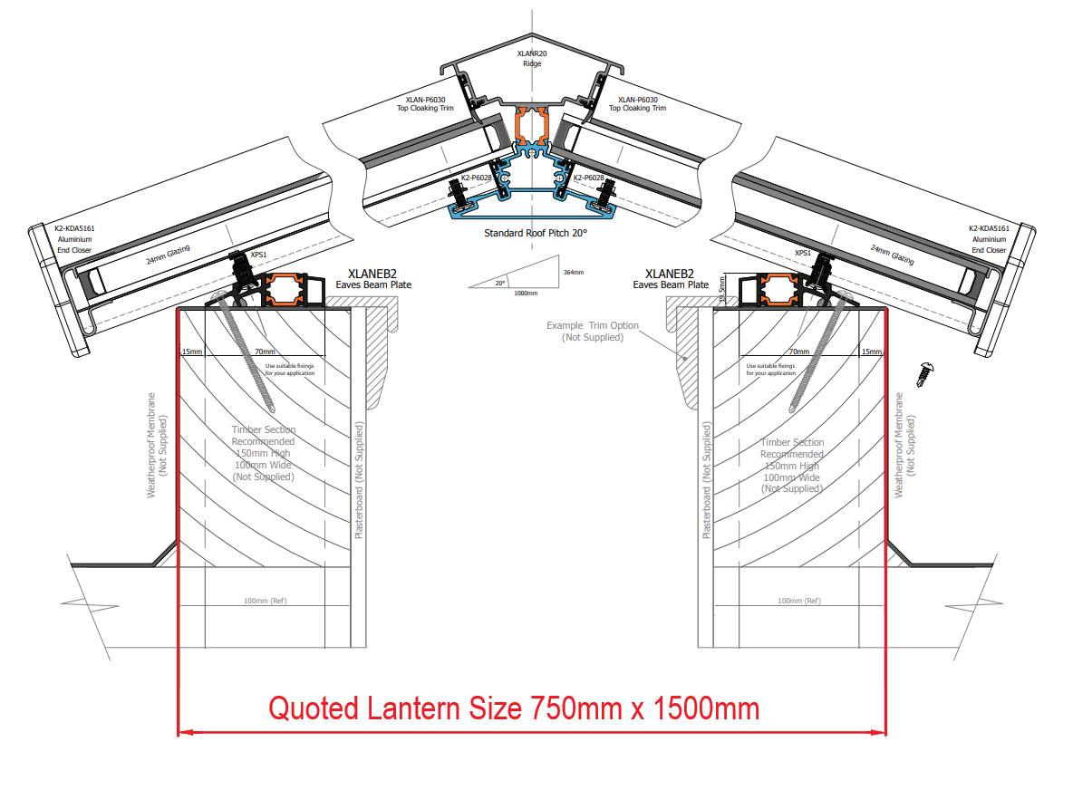 75 x 150 cm Stratus Aluminium Daklantaarn Stijl 1 (Modern)