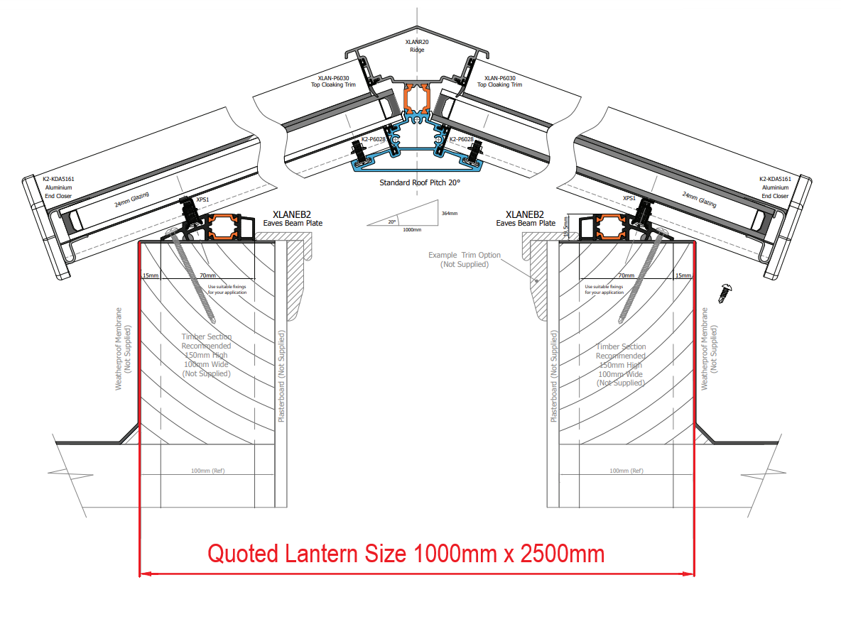 100 x 250 cm Stratus Aluminium Daklantaarn Stijl 3 (Traditioneel)