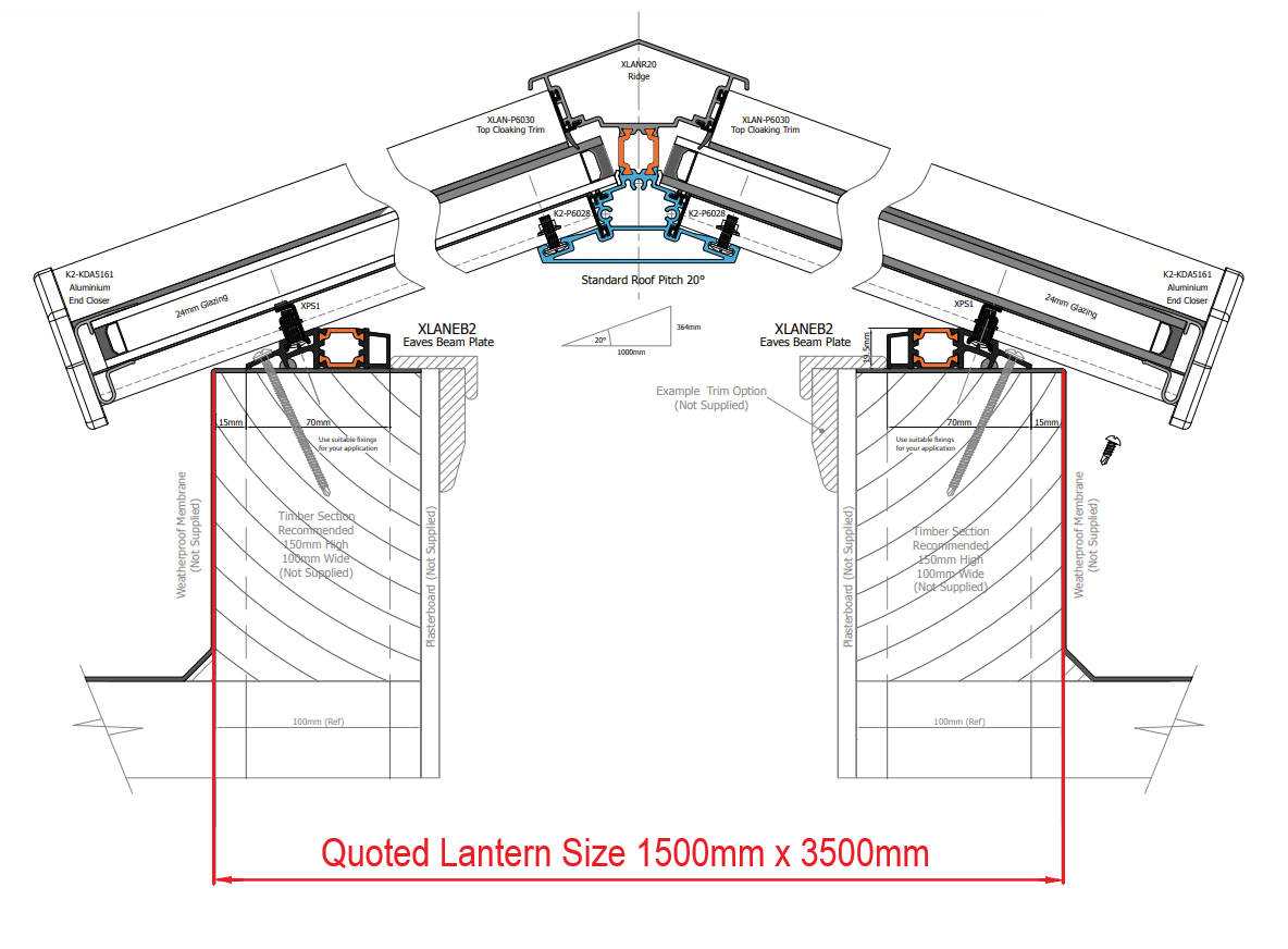 150 x 350 cm Stratus Aluminium Daklantaarn Stijl 3 (Traditioneel)